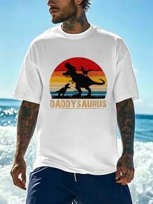 Vintage Daddysaurus Spring Men's T-Shirt, Premium Cotton, Crew Neck, Easy Fit, Comfortable, Street Hip-Hop - White - View 2