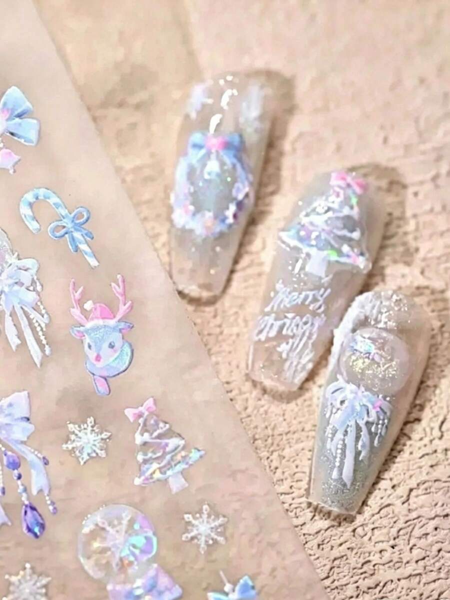 1件裝 冷色調冰雪風聖誕壓紋貼紙,包含水晶球、蝴蝶結、聖誕樹、雪花、鹿等元素,藍白配色,柔和清冷色調,精緻3D紋理,自黏式,營造冬季清涼夢幻氛圍 - 彩色 - 查看 1