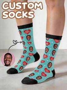 Custom Photo Boat Socks, Personalized Face And Heart Pattern Valentine's Day Text Printed Socks, Creative Romantic Gift For Wife - Multicolor - View 4