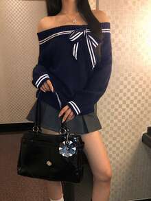 Women's Bow-Knit Fitted Off-Shoulder Sweater Top - Navy Blue - View 3
