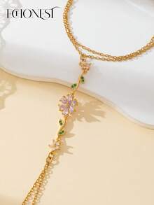 1pc Gold Stainless Steel Purple Flower Green Leaf Finger Bracelet - Gold - View 3