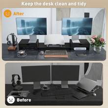 Dual Monitor Stand Riser With 2 Drawers, Adjustable Length And Angle, 116cm Monitor Riser Laptop, Computer, PC, Small Printer, Black - Black + Engineered Wood - View 4