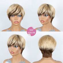 Fashion Layered Short Pixie Cut Human Hair Wig For Women With Bangs, 100% Human Hair, Gradient Brown To Blonde, Fully Machine Woven Elastic Mesh Cap, Ready To Wear For Holiday, Party And Daily Use - S4/27 - View 6