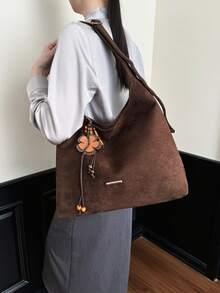 Slender Metal Plaque Hardware Detail Large Capacity Compartment Storage Carry-On Items Zipper Closure Relaxed Vintage Style Shoulder Bag Women Shopping Commuting Outing Large Bag Integrated Wide Strap Minimalist Commuting Large Bag - Coffee - View 7