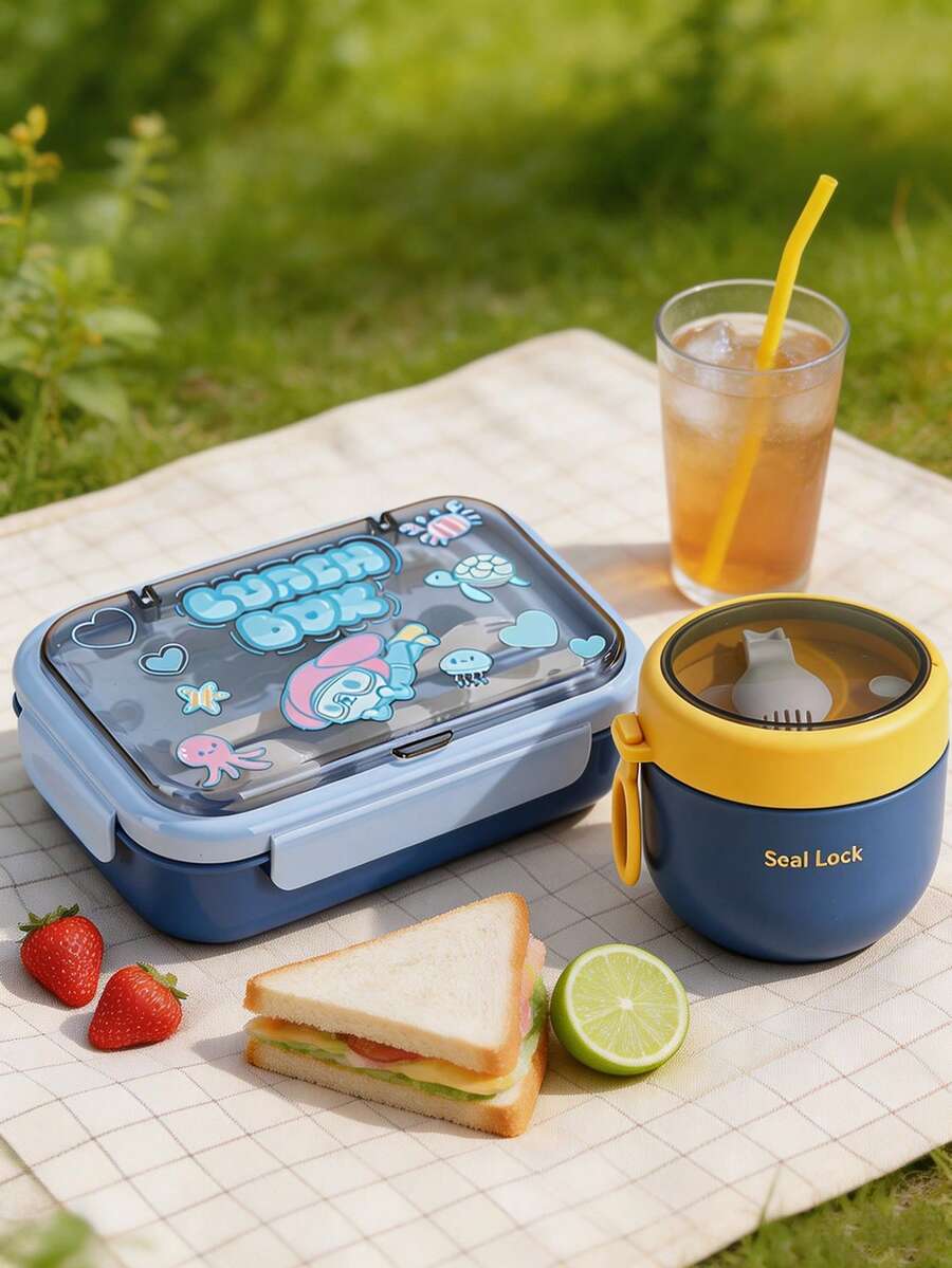 SEAL LOCK Cute Animal Print Bento Box, Sealed Portable Lunch Box With Fork And Spoon, Reusable And Microwave- Meal Prep Container, Suitable For Home, School, Office, Travel, Back To School Season And Outdoor Picnic