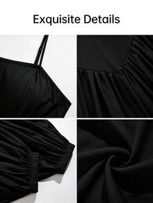 AIJ Elegant Women's Black Sleeveless Backless Jumpsuit, Spaghetti Strap Long Camisole Style, Ruched Woven Fabric, Summer - Black - View 3