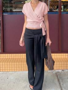 HoloChill Women's Knitted Wrap Pullover Sweater, Decorated With Knot Detail, Short Sleeve, Regular Length, High Elastic Fabric, Summer Casual 2026 New Top, Summer Top, Women's Spring Clothing, Women's Beach Outfit, Women's Outing Fall Pullover Sweater, Back To School Season, Halloween, Fall/Winter Luxury Christmas - Pink - View 7