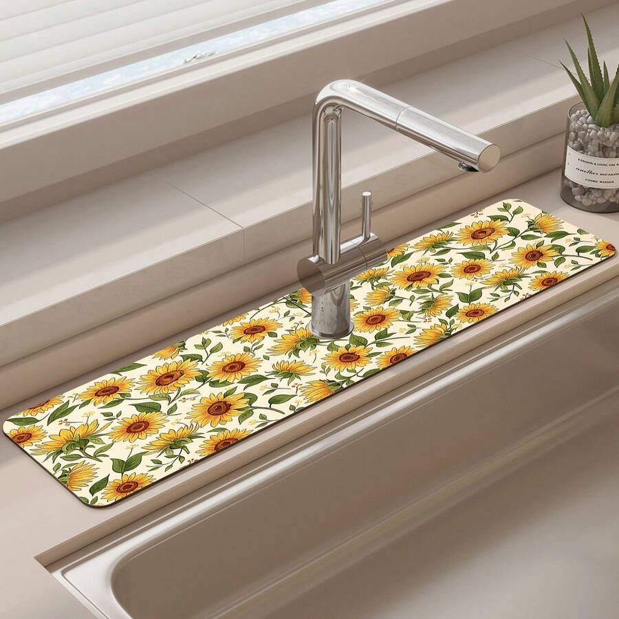 1pc Sunflower Pattern Rubber Faucet Splash Guard, Bathroom Faucet Splash Pad, Mud Guard, Moisture-Proof Non-Slip Faucet Pad, Kitchen Countertop Accessory. Protect Your Kitchen Countertop. - Multicolor - View 1