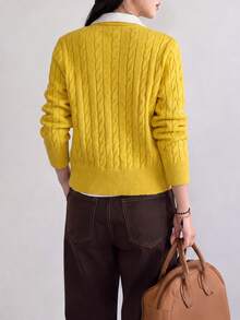 Women's Autumn/Winter Casual Minimalist Cable Knit Cardigan Sweater Jacket, Colorful Buttons Round Neck Autumn Style - Yellow - View 3