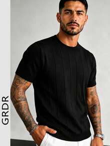 GRDR Men's Thin Summer Knit Sweater Solid Color Ribbed Short Sleeve, Sports Casual, Suitable For Outdoor Sports - Black - View 3