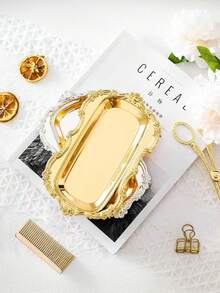 Vintage Embossed Floral Metal Serving Tray, Gold Silver Ornate Rectangular Decorative Platter, Luxury Storage Tray For Jewelry, Dessert, Cosmetics, Wedding, Vanity Table Decor - Multicolor - View 4