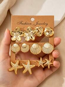 2-12pcs Fashion Smooth Flower Starfish Shell Multi-Element Gold Earrings Set, Suitable For Women's Daily, Party And Vacation Occasions - Gold - View 2