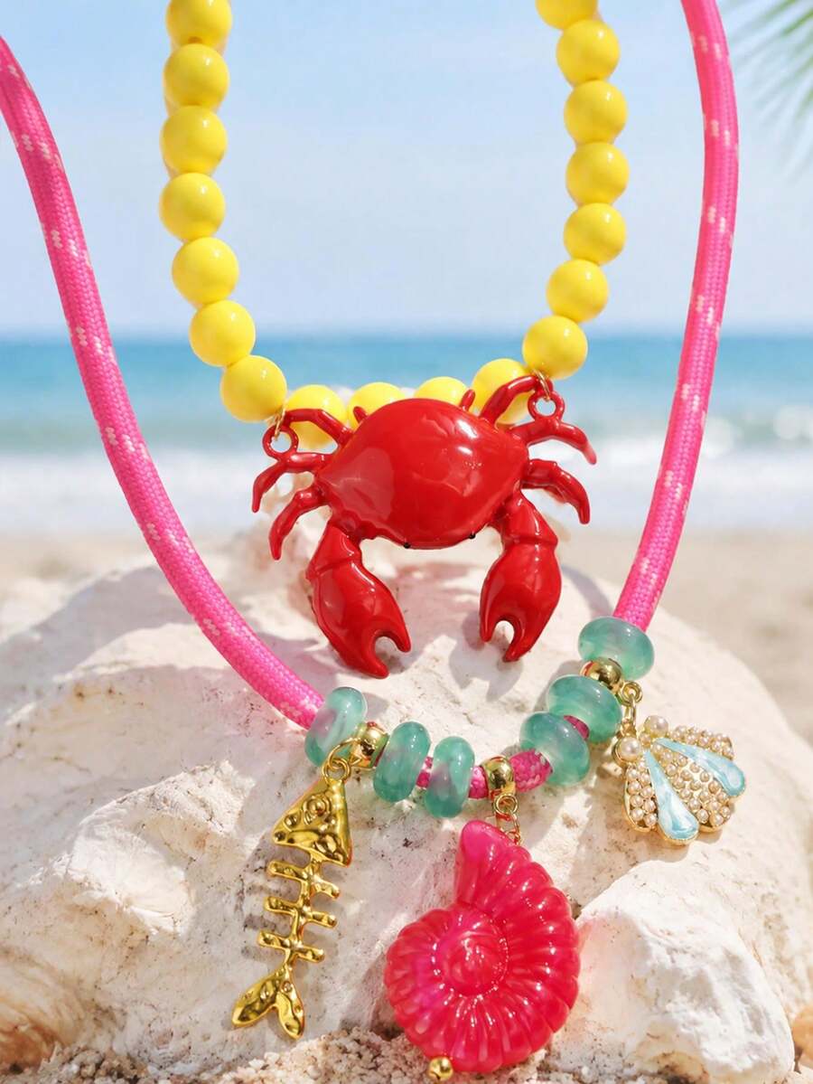 1pc Fashionable Fun Exaggerated Quirky Color-Block Atmosphere Crab Shell Conch Pendant Necklace, Daily Vacation Wear Women's Jewelry - Multicolor - View 1