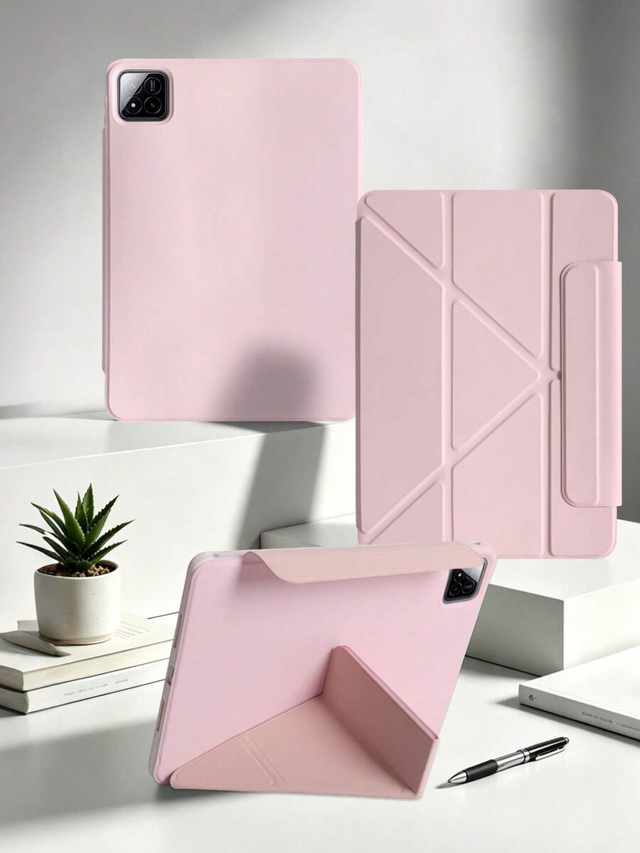 Y型磁吸扣保護殼 粉色,適用於 iPad 10.2/10.9 (Air4-Air8)/10代/(A16) 11吋 11代 2025款,多折多角度支架,磁吸閉合,矽膠軟殼全包覆,防摔耐磨,內層蜂巢散熱,無筆槽,PU皮革+TPU材質 - 粉色 - 查看 1