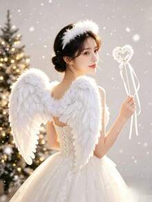 3pcs Christmas Angel Feather Wings Headband And Fairy Wand Set, Winter Gift Party Photography Atmosphere Cosplay Costume Props, Halloween Women's Cosplay Performance Props - White - View 6