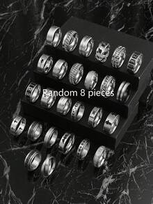 8/10/12/20/30pcs Gothic Punk Stainless Steel Ring Set For Men, Spider, Bat, Cross, Roman Number Elements Jewelry Suitable For Daily Wear And Holidays, Multiple Styles Available - Silver - View 15