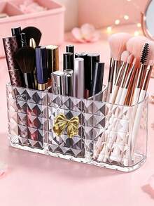 Transparent Acrylic Eyebrow Pencil Brush Storage Box + Gold Bow, Cosmetic Storage Box With Dividers, Transparent Partitioned Storage Box, Multi-Color Bow, Lipstick Organizer, Multi-Functional Medicine Storage Box, Desk And Drawer Organizer, Suitable For Makeup Brushes, Cosmetics, Medicine Storage, Desktop Shelf, Perfect For Office Storage And Home Daily Organization - Multicolor - View 1