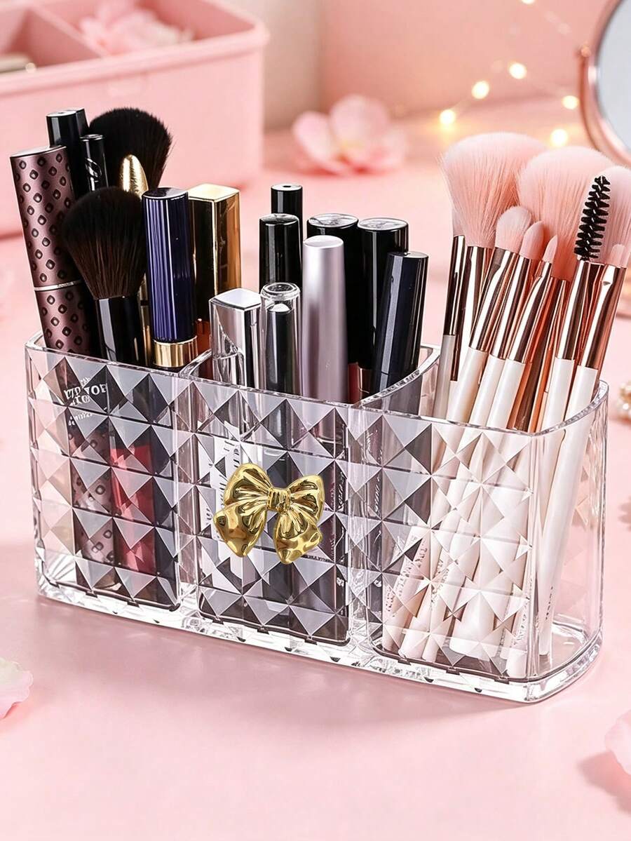 Transparent Acrylic Eyebrow Pencil Brush Storage Box + Gold Bow, Cosmetic Storage Box With Dividers, Transparent Partitioned Storage Box, Multi-Color Bow, Lipstick Organizer, Multi-Functional Medicine Storage Box, Desk And Drawer Organizer, Suitable For Makeup Brushes, Cosmetics, Medicine Storage, Desktop Shelf, Perfect For Office Storage And Home Daily Organization - Multicolor - View 1