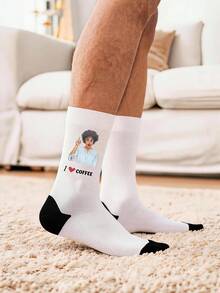 Custom Face & Text Mid-Calf Socks, Personalized Upload Photo Cartoon Image With Customized "I Love" Text Print, Novelty Fun Gift - Multicolor - View 3