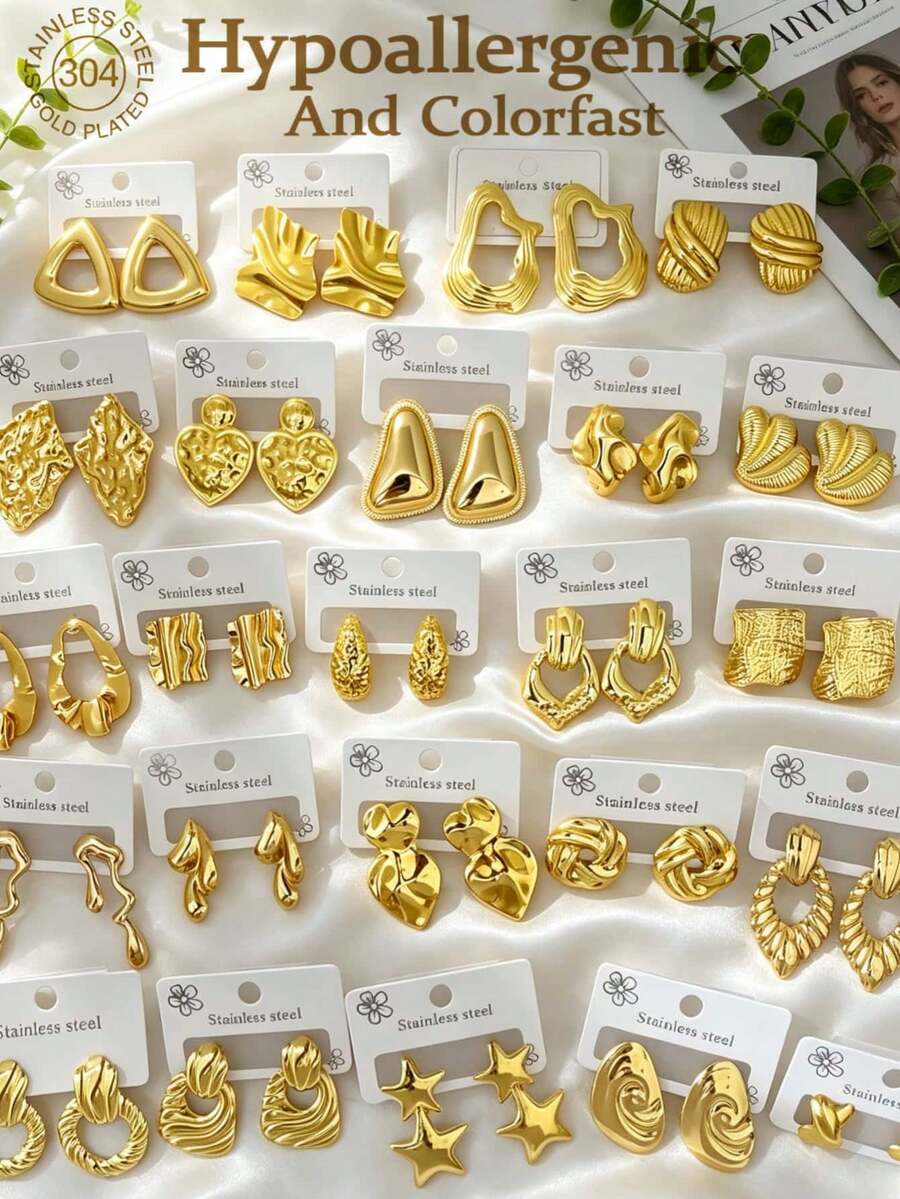 極簡不對稱紋理耳釘,304不鏽鋼復古奢華耐用女款耳環,低過敏且耐褪色,適合通勤、辦公、約會、婚禮宴會,送給女性的完美禮物 - 金色 - 查看 1