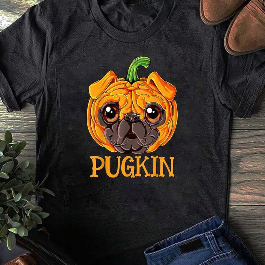 Pugkin T-Shirt: Funny Halloween Pug Pumpkin Dog Lover Tee - Black - View 1