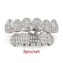 2件組金色牙套 Grillz，鑲鑽冰感嘻哈牙飾，亮金牙套時尚配件，適合男女派對佩戴 - 彩色 - 查看 8