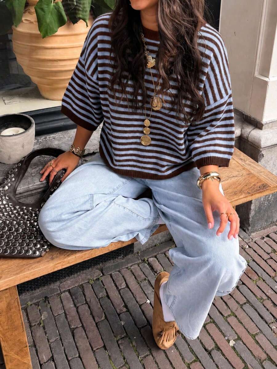 MORI 女款秋冬 Y2K 優雅可愛藍色與棕色條紋寬鬆短袖針織套頭毛衣,休閒派對與外出穿搭秋季 - 藍色拼卡色 - 查看 1