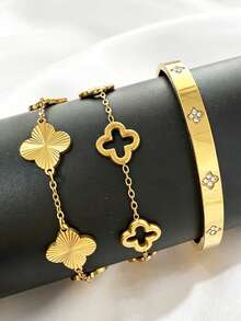 3pcs/1pc Luxury Versatile Hollow Clover Rhinestone Bracelet Set, Women's Jewelry Set, Suitable For Daily, Party, Vacation Wear, Gift For Girlfriend, Best Friend - Gold - View 2