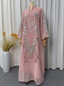 Sequin Embroidered Abaya Robe, Stand Collar Long Sleeve Modest Kaftan, Dubai Luxury Ramadan Evening Gown, Suitable For Eid, Ramadan, Wedding Party - Pink - View 6