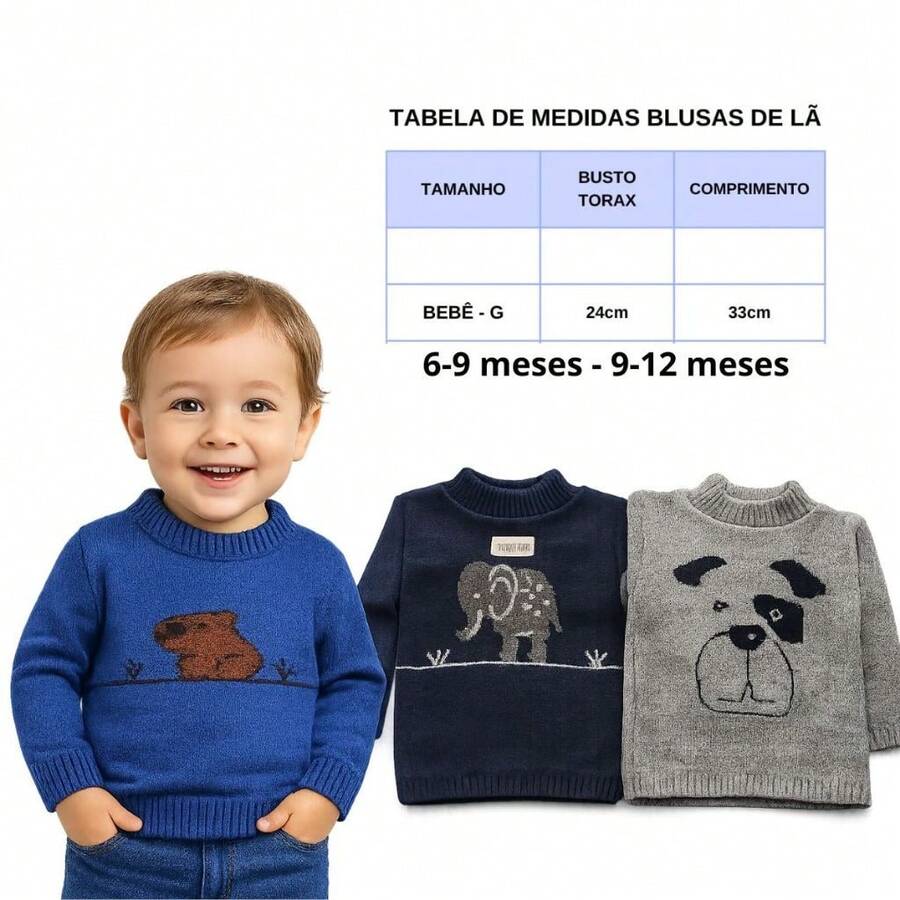 Kit 3 Blusas Lã Infantil Menino Sueter Tricô Premium 0 a 12 anos - g - Visão 1
