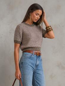 Autumn/Winter New Women's Ribbed Knit Short Sleeve Crew Neck Top, Cropped Striped Knit Sweater Summer - Khaki - View 2