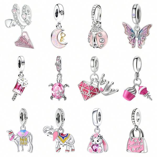 1pc Silver-Plated Charming Dangle Pendant Bead, Pink Fairy Tale Series Pendant With Butterfly, Ladybug, Elephant, Camel, Rabbit, Turtle, Crown Elements, Perfect For DIY Jewelry Bracelet Necklace, Ideal Gift For Girls To Showcase Charming Appeal