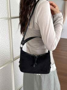 極簡風女款單肩包 手提包 高品質腋下包 半月包 附絲巾 適合上班通勤購物 - 黑色 - 查看 7