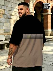 Plus Size Men's Black & Coffee Colorblock Short Sleeve T-Shirt With Horizontal Striped Trim, Small Square Label Design, Round Neck, Dropped Shoulder, Loose Fit, Retro Minimalist Casual Top, Summer Plus Size Men's T-Shirt - Khaki - View 2