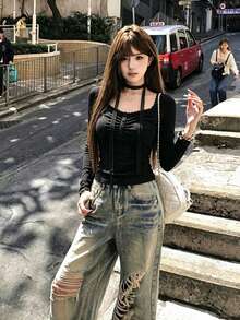 Korean Style Minimalist Sexy Slimming Versatile Lace Long Sleeve T-Shirt Base Layer Top For Women - Black - View 3