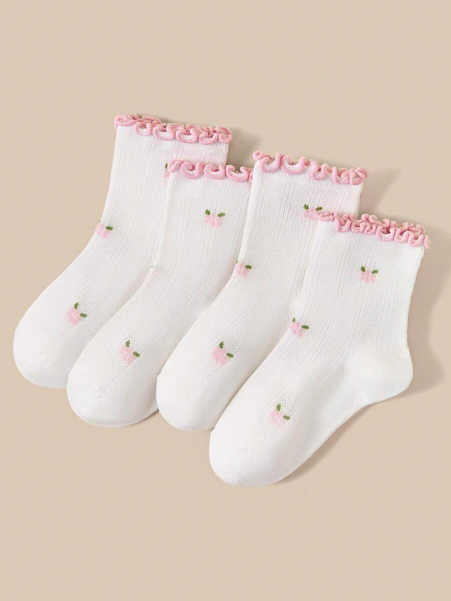 4 Pairs White Socks For Infants/Children/Students, Ruffle Trim Lace Socks, Simple Fashion Versatile All-Season Style, Skin-Friendly Comfortable Soft Breathable Casual Sports Socks, Suitable For Daily Wear/Holiday Gifts/Travel/Back To School/Campus Outfits/Sports Outfits/Classroom/New Semester/School Opening/Student/Back To School Season Outfits - Multicolor - View 1