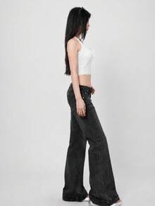 YEAE | Celana Jeans Gaya Amerika Hot Girl Pinggang Rendah Kaki Lebar Model Flare Celana Denim Elastis Ramping Warna Polos Kasual Musim Gugur - Dark Grey - View 5