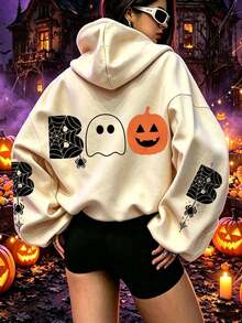 Halloween Print Lightweight Pocket Sweatshirt, Casual Long Sleeve Sweatshirt For Winter And Autumn, Plus Size Women's Clothing, Suitable For Beach, Vacation, Daily Wear, Party, School Events And Music Festivals - Apricot - View 1
