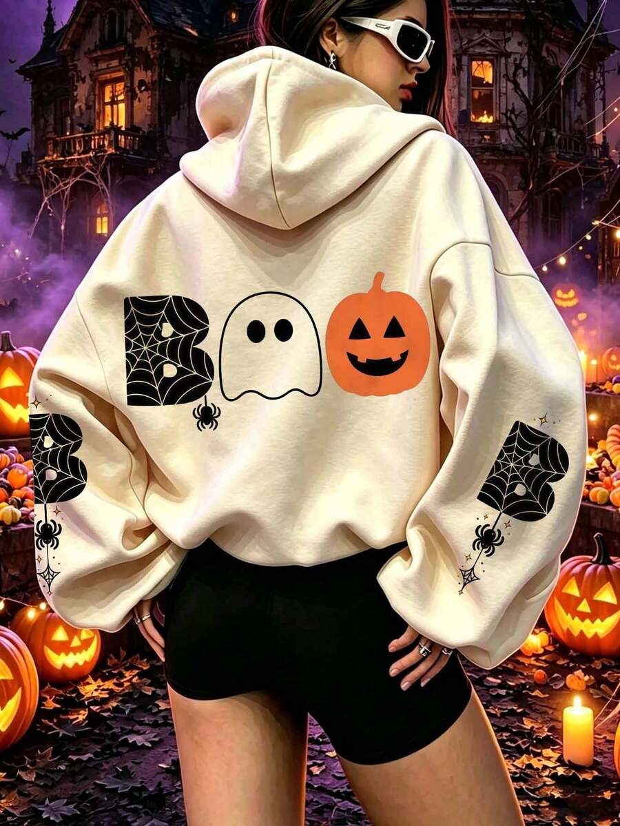Halloween Print Lightweight Pocket Sweatshirt, Casual Long Sleeve Sweatshirt For Winter And Autumn, Plus Size Women's Clothing, Suitable For Beach, Vacation, Daily Wear, Party, School Events And Music Festivals - Apricot - View 1