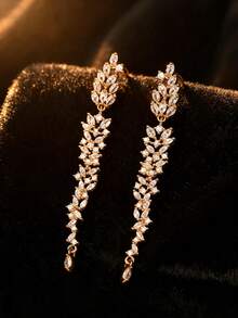 Gold Marquise Cubic Zirconia Long Tassel Dangle Earrings, Bridal Sparkly Drop Earrings For Women Party Evening - Earrings - View 7