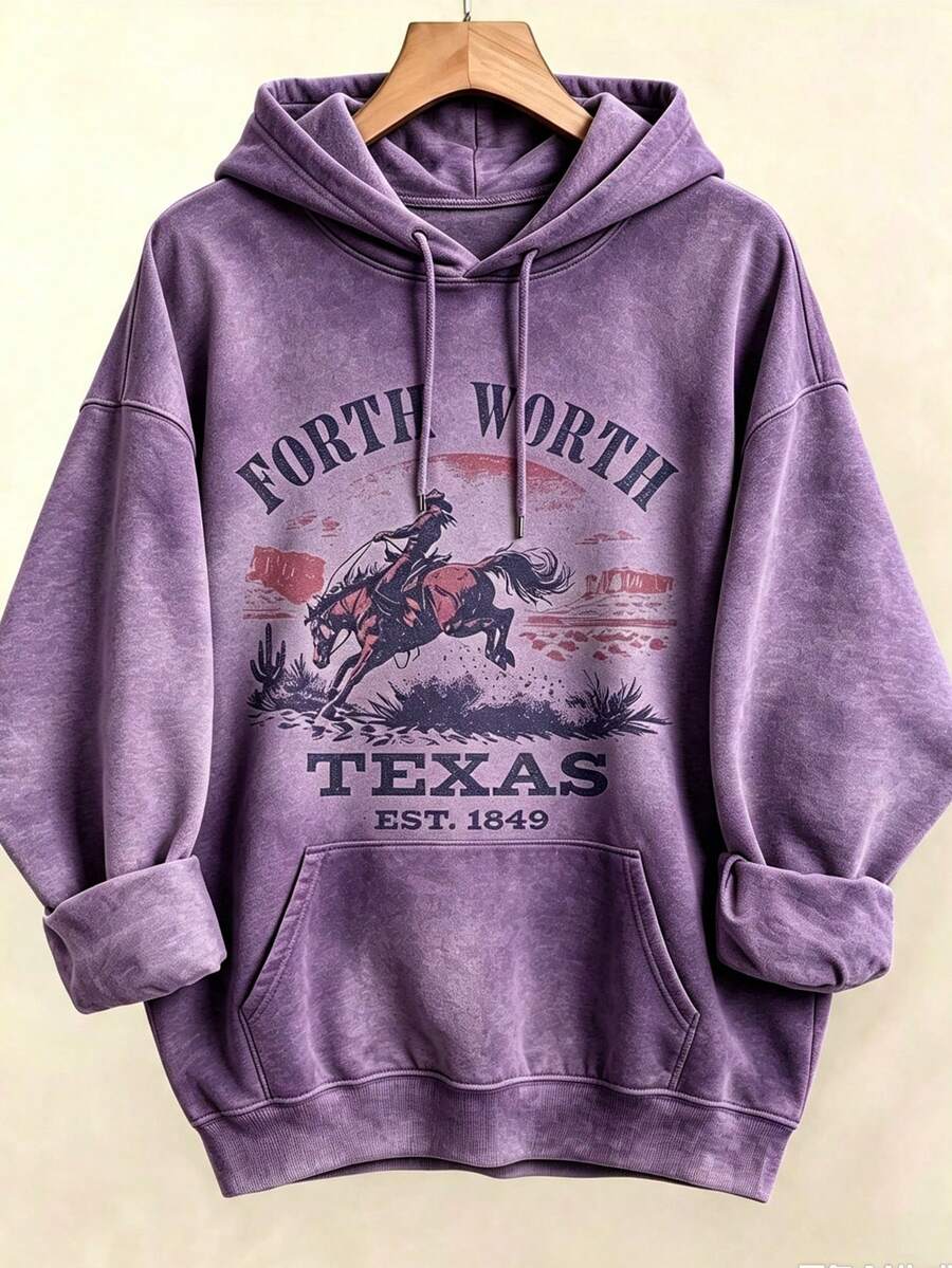 Women's Western Style Fort WorthTexasEST1849CowboyPatternHoodieSoftCrewNeckPulloverWith Cactus And Longhorn DesignComfortableCasualLongSleeve Sweater - 紫色4 - 查看 1