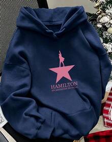 Women'S Y2K Style Hamilton Musical Inspired Hooded Sweatshirt - Official  Musical Graphic Print, Cozy Fleece Pullover With Star & Hamilton Lettering - 藏蓝色 - 查看 10