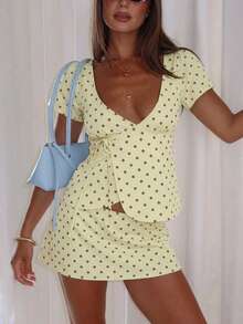 Women's Casual Fashion Pale Yellow Deep V-Neck Short Sleeve Polka Dot Top (With Knot Detail) And Polka Dot Mini Skirt Set Elegant Summer - Light Yellow - View 14
