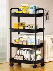 1 pieza Carrito de almacenamiento multifuncional móvil para sala de estar, cocina, dormitorio, baño, organización del hogar, estantería, decoración de la habitación, solución de almacenamiento utilitario, unidad de estantería con ruedas - Negro - Ver 12