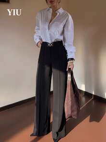 YIU Women's Black Woven Fabric Wide Leg Pants, Gold Buckle Detail, Medium Stretch Basic Long Pants - Black - View 2
