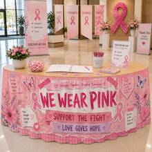 1pc Tablecloth Table Skirt, Pink Ribbon Butterfly Floral Heart Scrapbook Awareness Print Decor, Suitable For Charity Fundraising, Hospital Buffet, Support Booth, Community Event, Health Reception, Counter Decoration - A - View 5