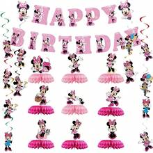 BUTTBILL Cartoon Mouse Theme Pink Bunting Hanging Swirls 3D Paper Flower Table Decor Cute Cartoon Style Birthday Party Gathering Decoration - Multicolor - View 2