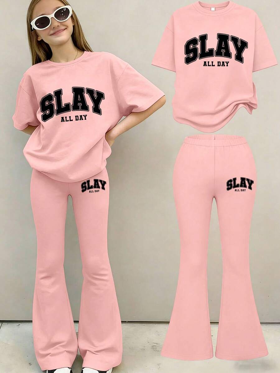 2件組 青少年女孩圓領短袖T恤,印有「SLAY」字樣,搭配一條簡約喇叭褲,夏季套裝 - 粉色 - 查看 1