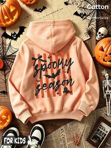 Halloween Girls Hoodie With Spooky Season Print, Black Bat & Skeleton Back Graphic, Long Sleeve Pullover - Hami Melon Orange - View 4