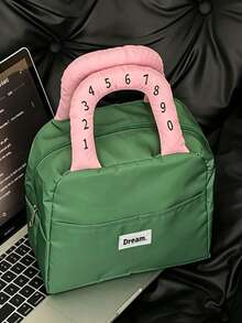 Cute Preppy Style Polyester Square Insulated Lunch Bag, Digital Number Padded Handle, Front Patch Pocket, Zipper Closure Thermal Cooler Pouch, Portable Food Storage Handbag, For Back‑To‑School Office Picnic Daily Outdoor Use - Multicolor - View 9